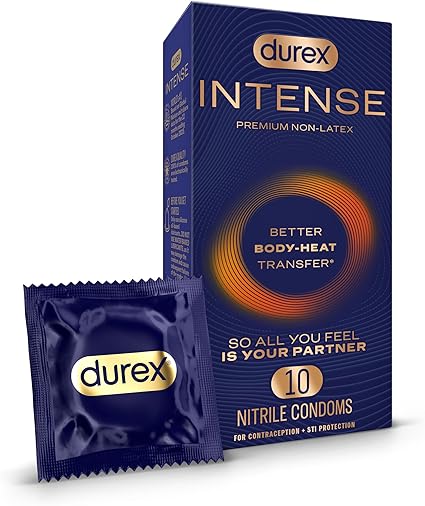 Durex Intense Nitrile Condoms, Ultra Thin Premium Non Latex Condoms Lubricated with Silicone Lube, 10 ct
